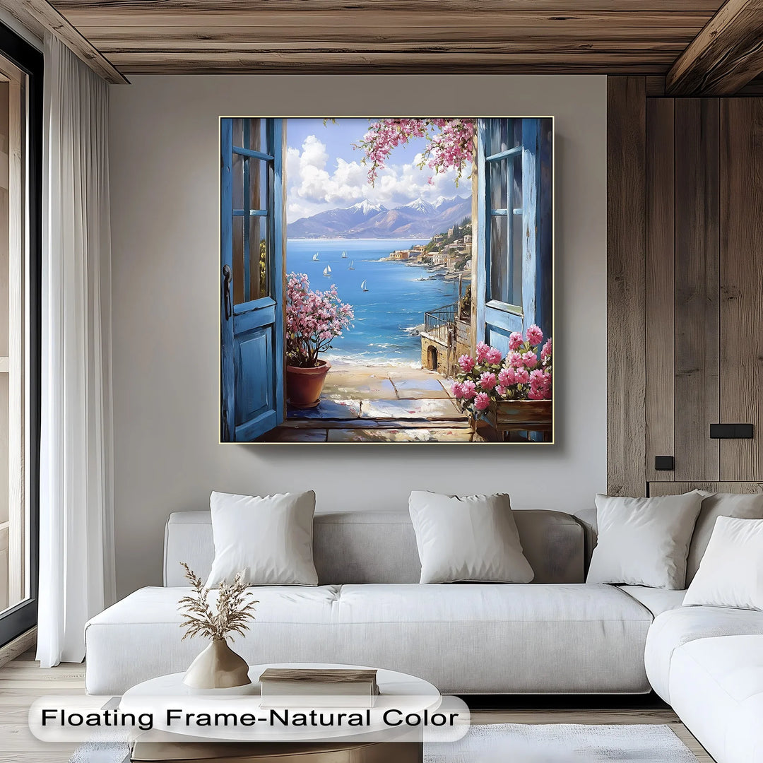 Mediterranean View – Open Window with Coastal Seascape Canvas Print - MyPhotoStation