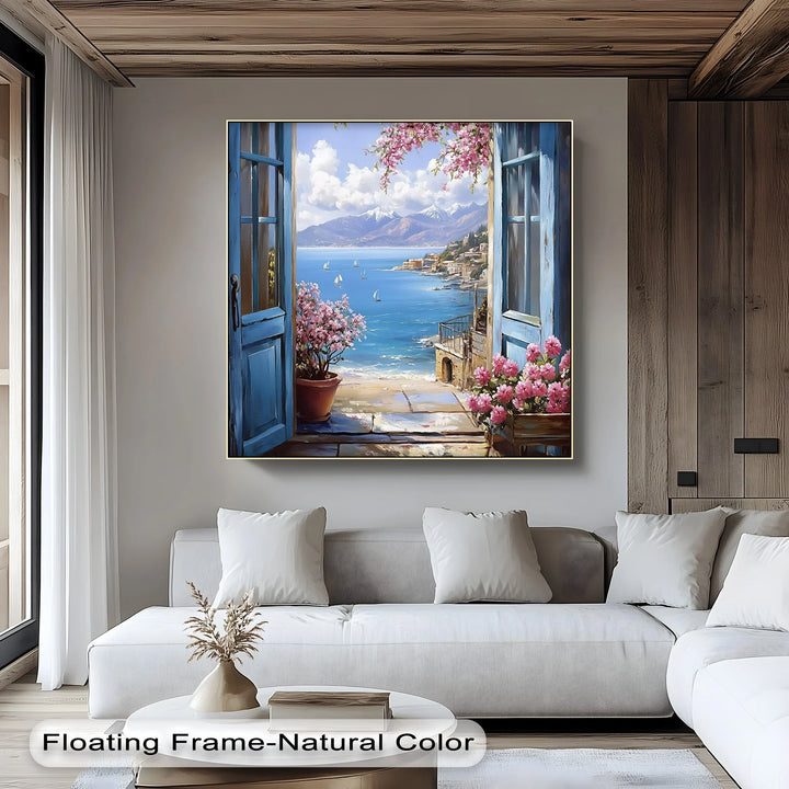 Mediterranean View – Open Window with Coastal Seascape Canvas Print - MyPhotoStation