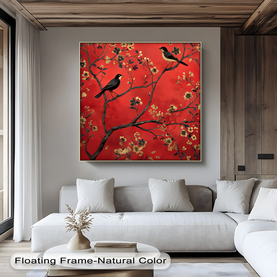 Crimson Melody – Golden Blossom Birds Canvas Wall Art | Framed Art