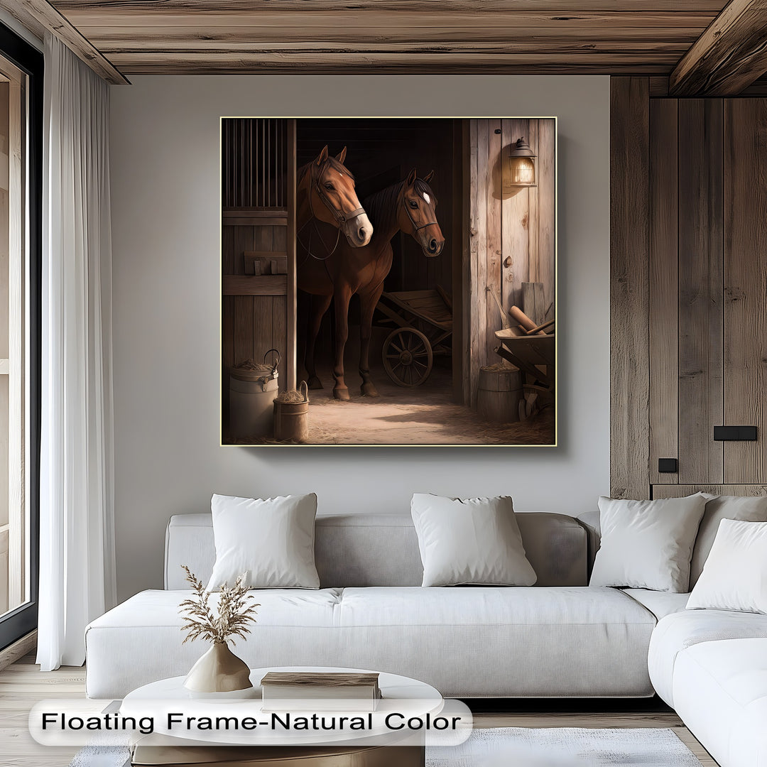 Stable Companions – Rustic Horse Barn Scene Canvas Print