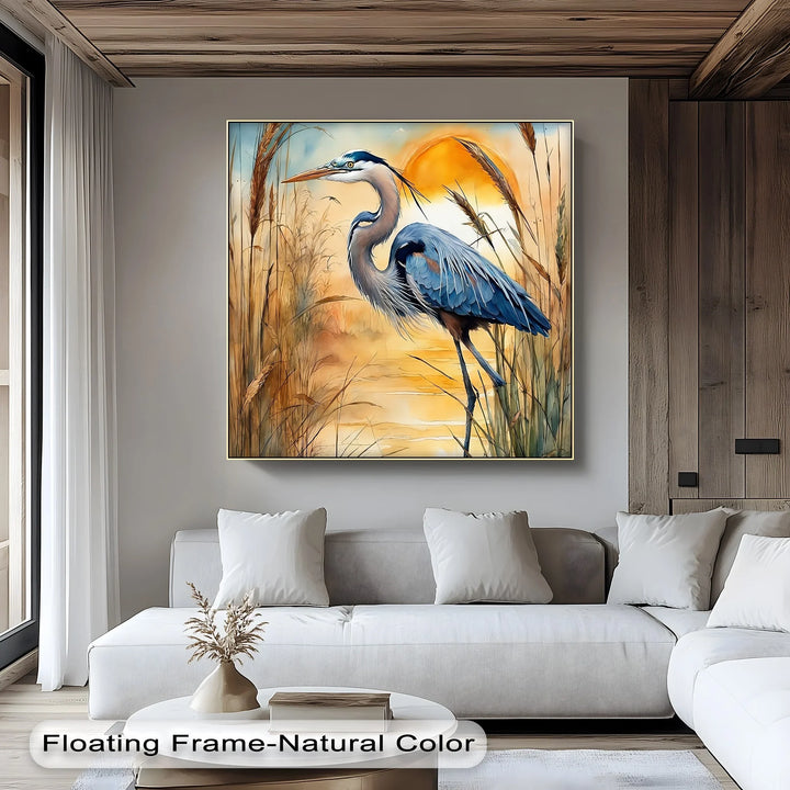 Majestic Blue Heron at Sunset – Serene Waterscape Canvas Print - MyPhotoStation
