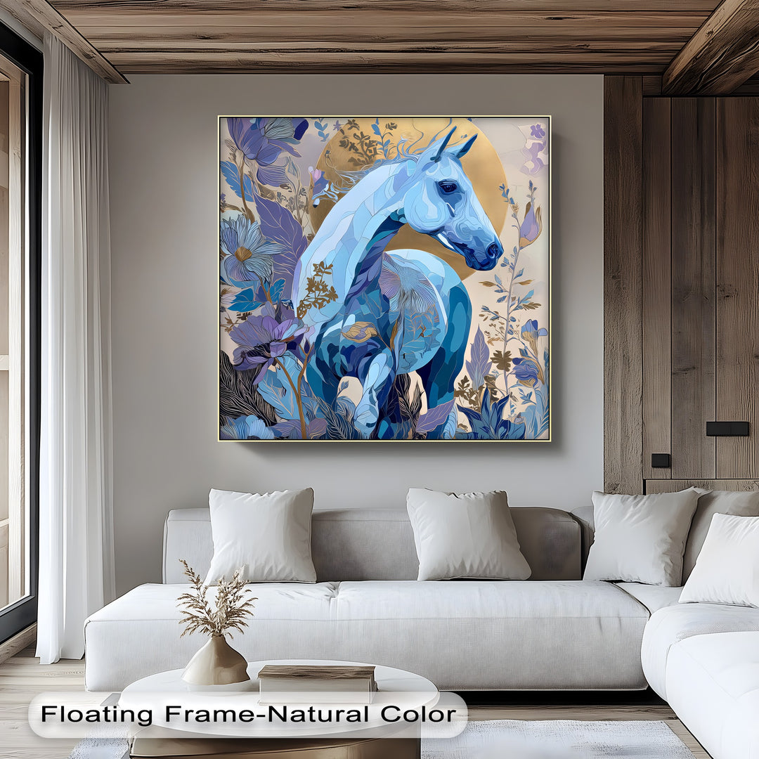 Celestial Bloom – Blue Horse in Golden Floral Fantasy Canvas Print