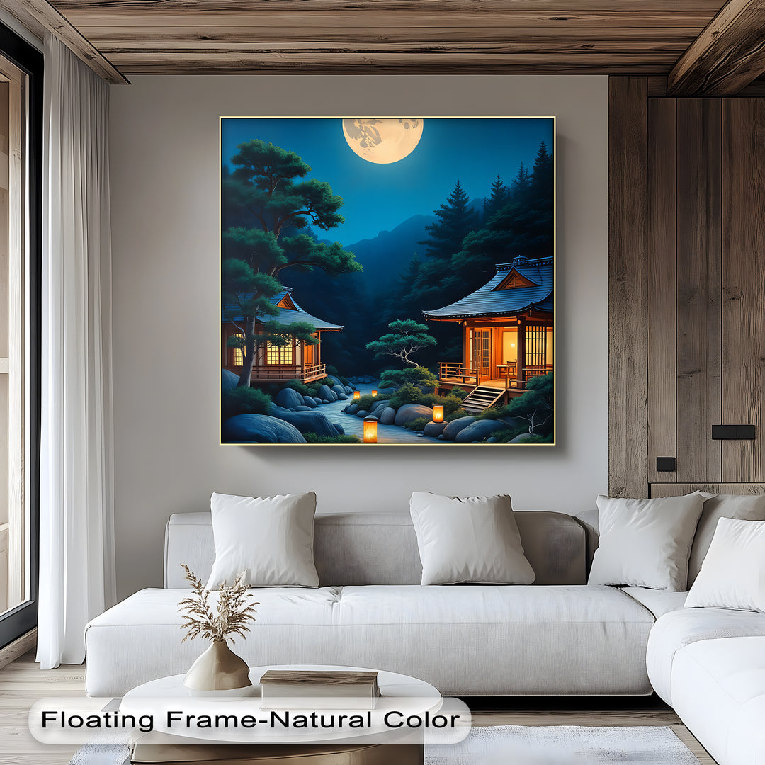 Moonlit Serenity – Japanese Zen Temple Canvas Wall Art | Framed Art