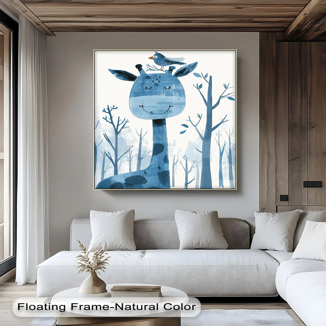 Whimsical Giraffe & Bird in Blue Forest – Kids Animal Blue Canvas Prints - MyPhotoStation