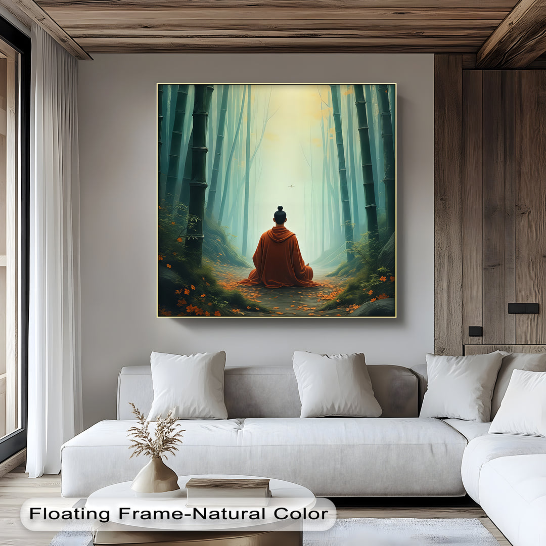 Zen Serenity – Monk in Bamboo Forest Canvas Wall Art | Framed Artwork