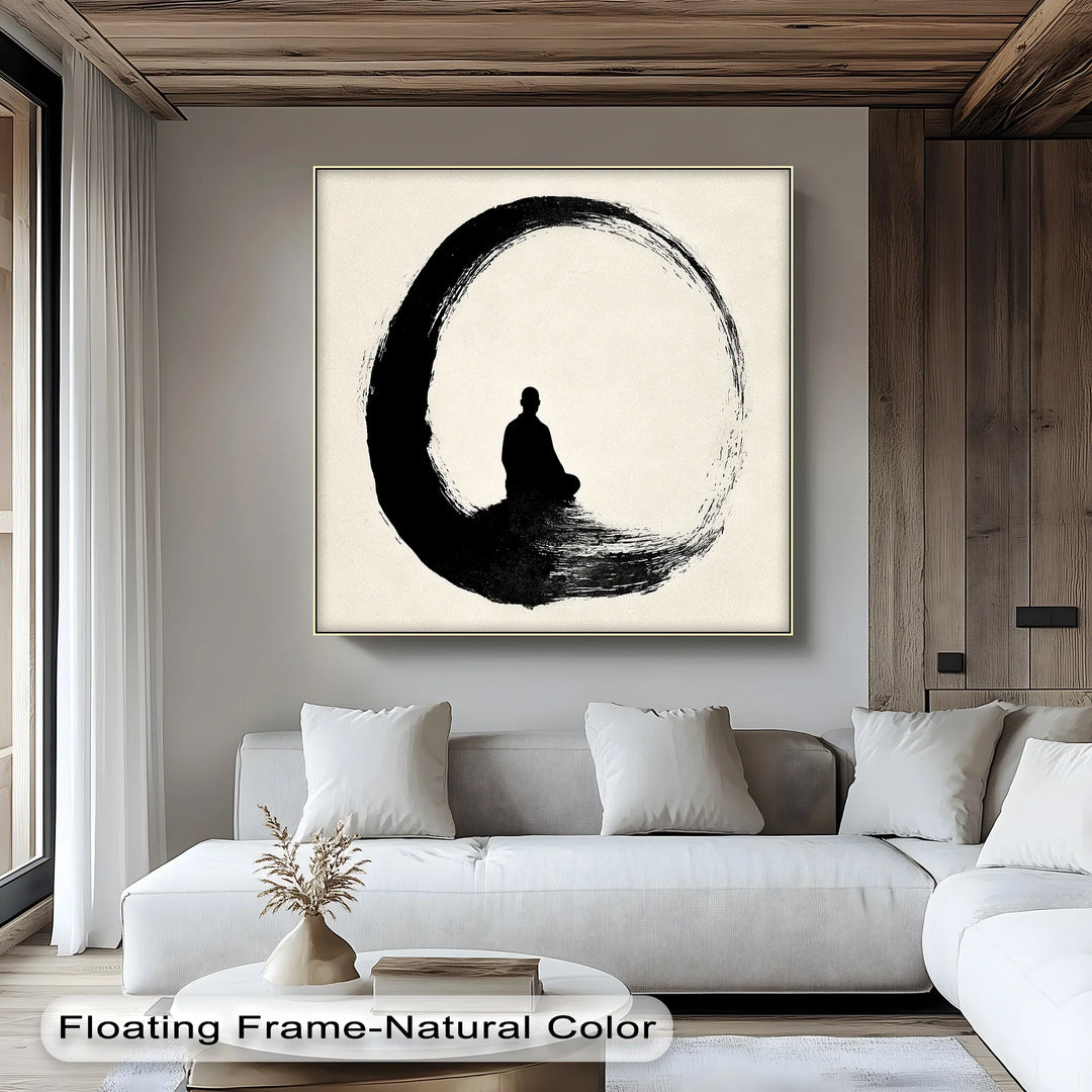 Zen Circle with Meditating Figure – Minimalist Japanese Ink Canvas Print - MyPhotoStation