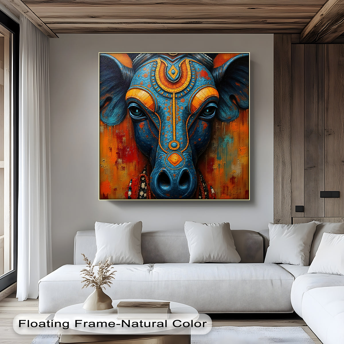 The realistic detail in this sacred Indian canvas wall art, depicting a mystical blue bull with gold motifs, showcases intricate textures that bring the canvas wall art to life.