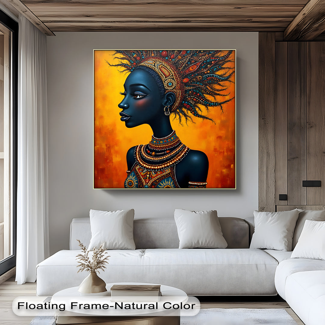 Regal African Queen – Beaded Tribal Portrait Canvas Wall Art | Framed Art