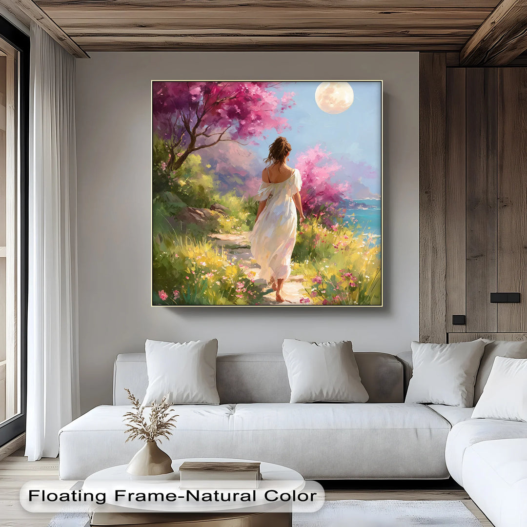 Moonlit Garden Stroll – Romantic Woman in Blossoming Landscape Canvas Print - MyPhotoStation