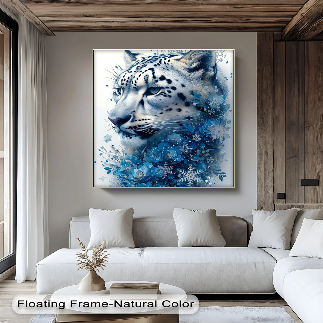 Snow Leopard in Blue Florals – Majestic Winter Wildlife Blue Canvas Prints - MyPhotoStation