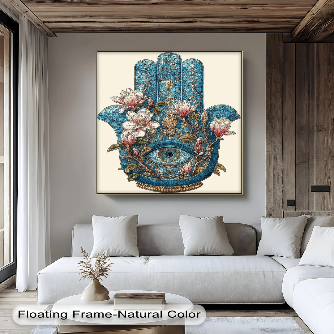 Sacred Hamsa Bloom – Blue Floral Hand with Eye Canvas Print - MyPhotoStation