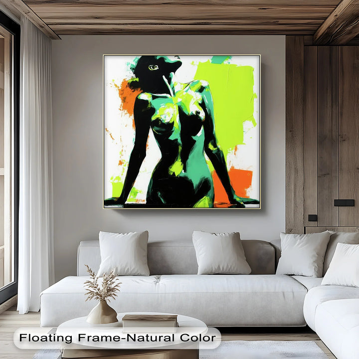 Electric Confidence – Neon Green and Black Abstract Nude Canvas Print - MyPhotoStation