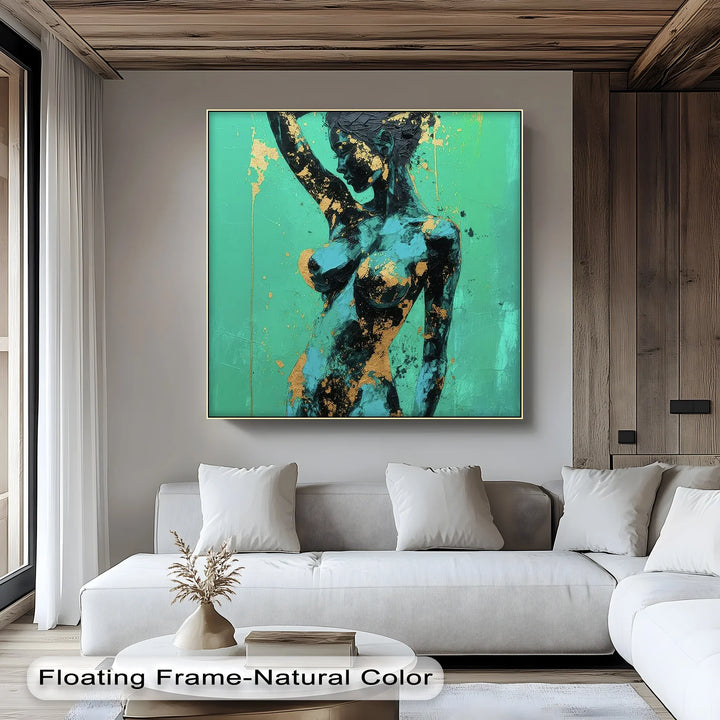 Golden Muse – Teal and Gold Abstract Nude Canvas Print - MyPhotoStation