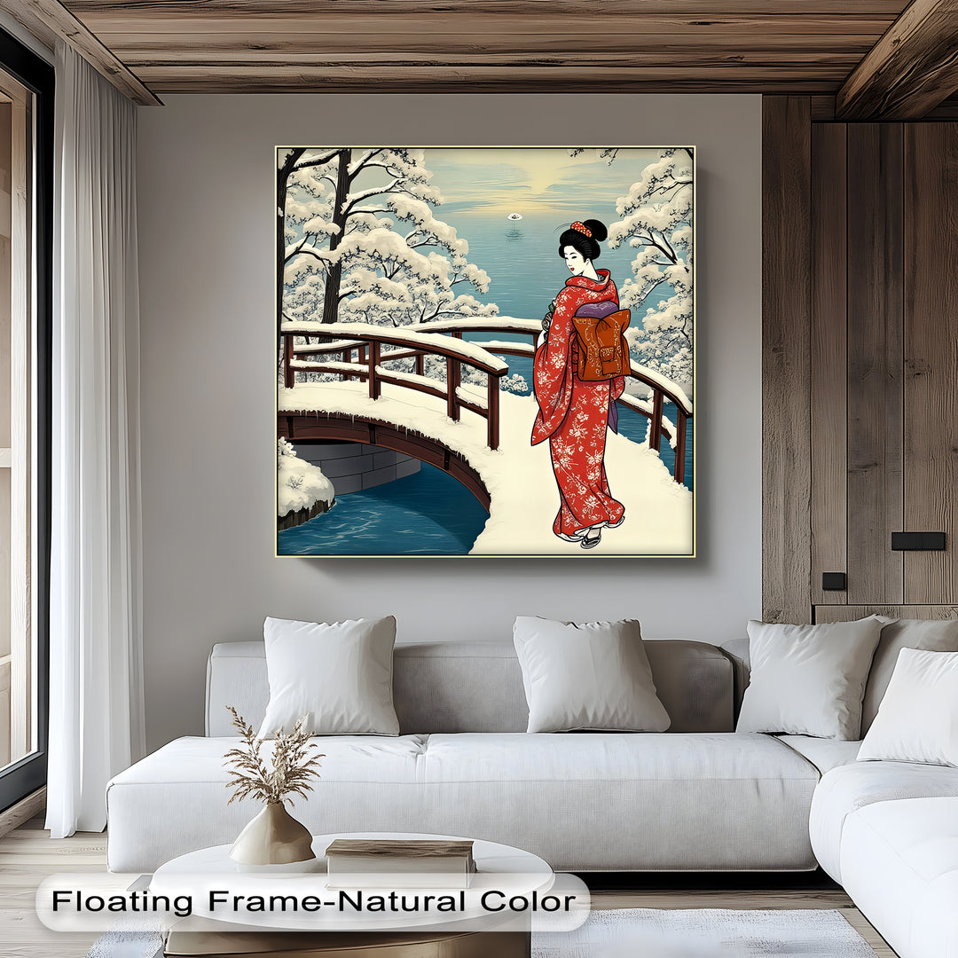 Snowy Bridge Serenity – Japanese Geisha Winter Canvas Print | Framed Art