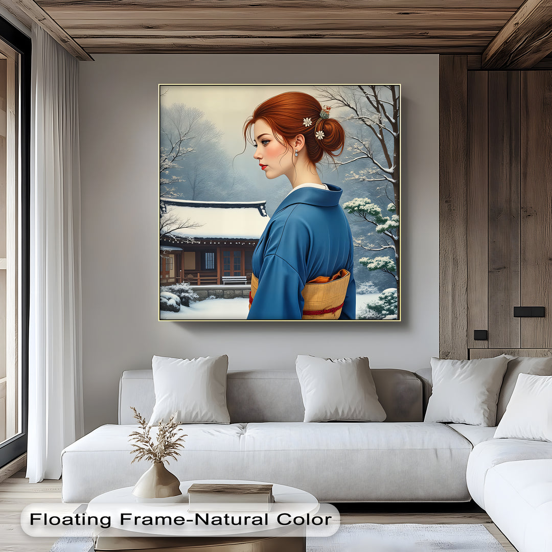 Winter Serenity – Japanese Woman in Blue Kimono Canvas Print | Framed Art