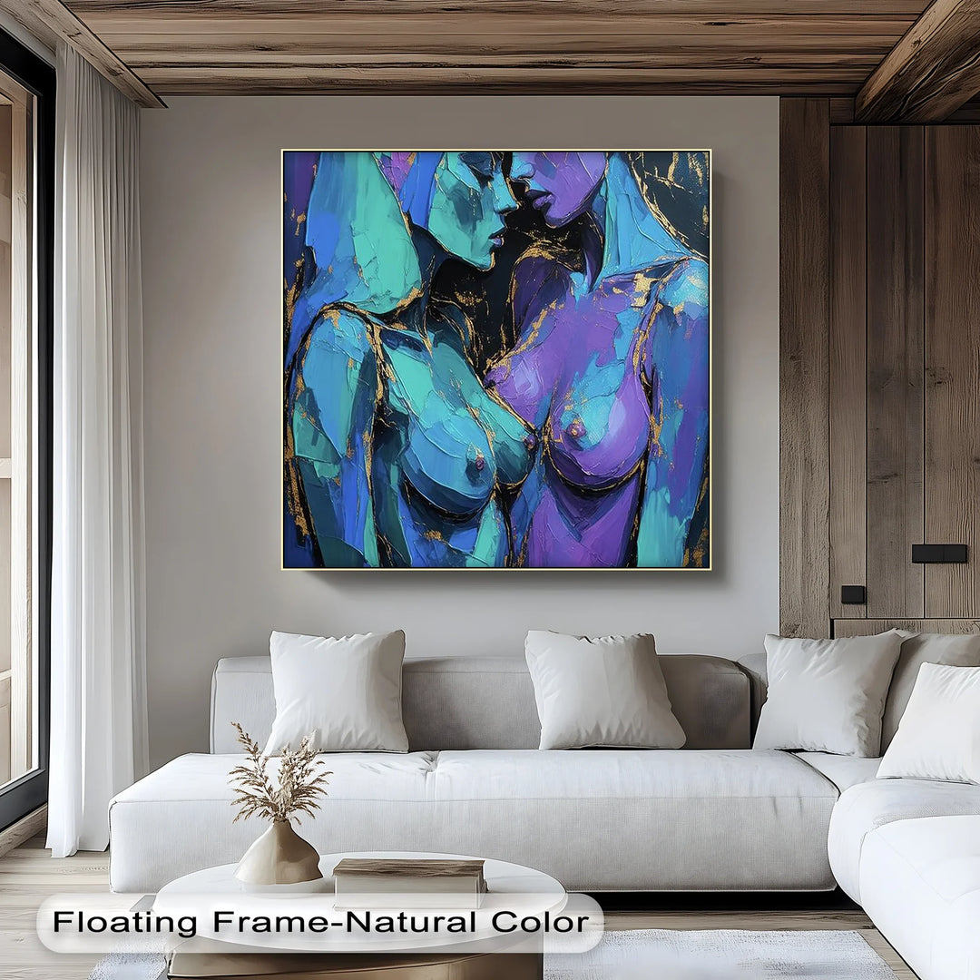 Electric Intimacy – Dual Female Figures in Blue and Violet Canvas Print - MyPhotoStation