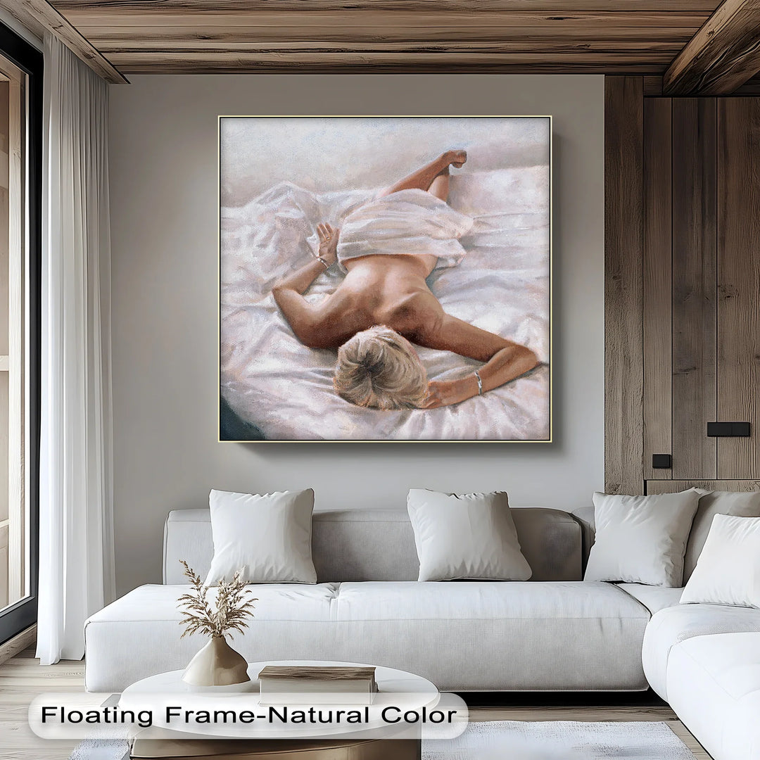 Quiet Morning – Reclining Nude on White Sheets Canvas Print - MyPhotoStation