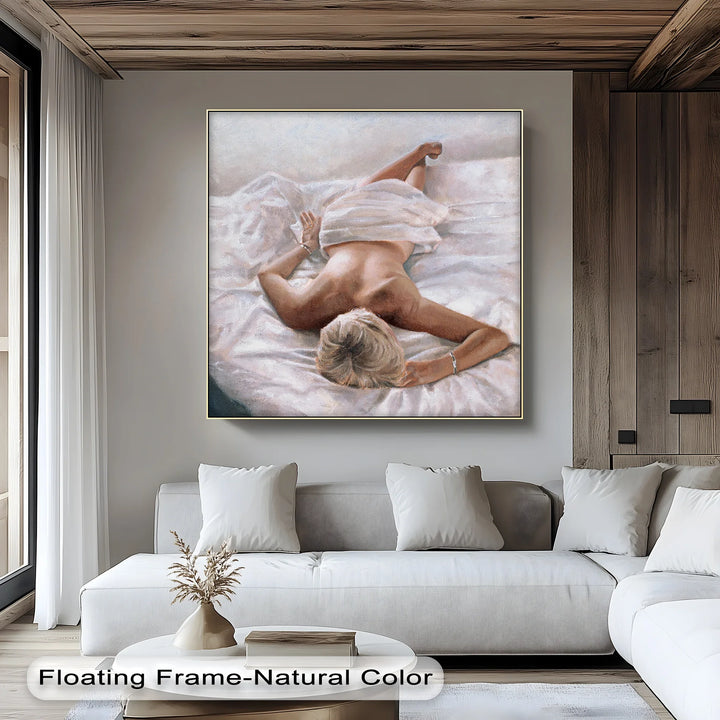 Quiet Morning – Reclining Nude on White Sheets Canvas Print - MyPhotoStation