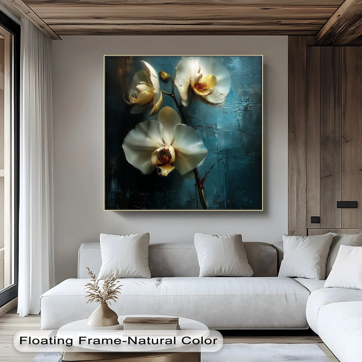 White Orchids in Golden Glow – Elegant Botanical Canvas Print - MyPhotoStation