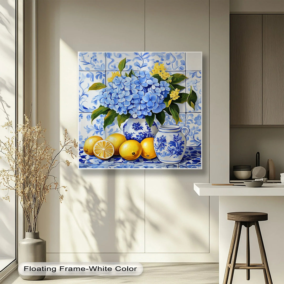 Lemon & Hydrangea Harmony – Blue Tile Floral Kitchen Canvas Print - MyPhotoStation
