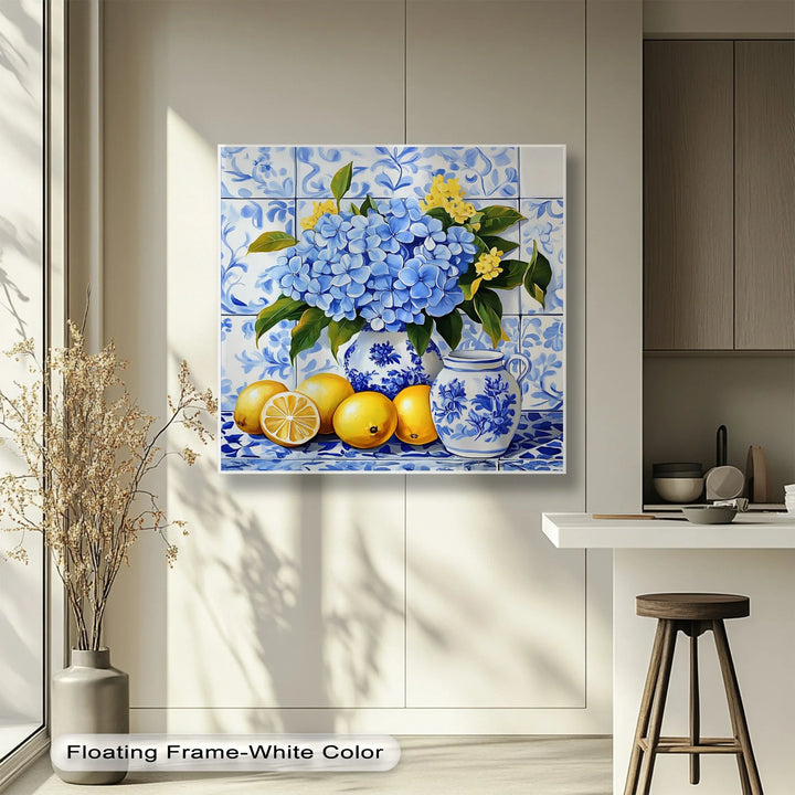 Lemon & Hydrangea Harmony – Blue Tile Floral Kitchen Canvas Print - MyPhotoStation