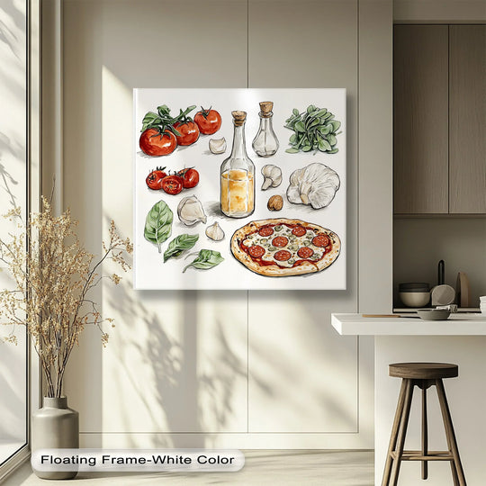 White is the dominant color in this kitchen canvas wall art, showing illustrated Italian pizza ingredients that create a mouthwatering design.