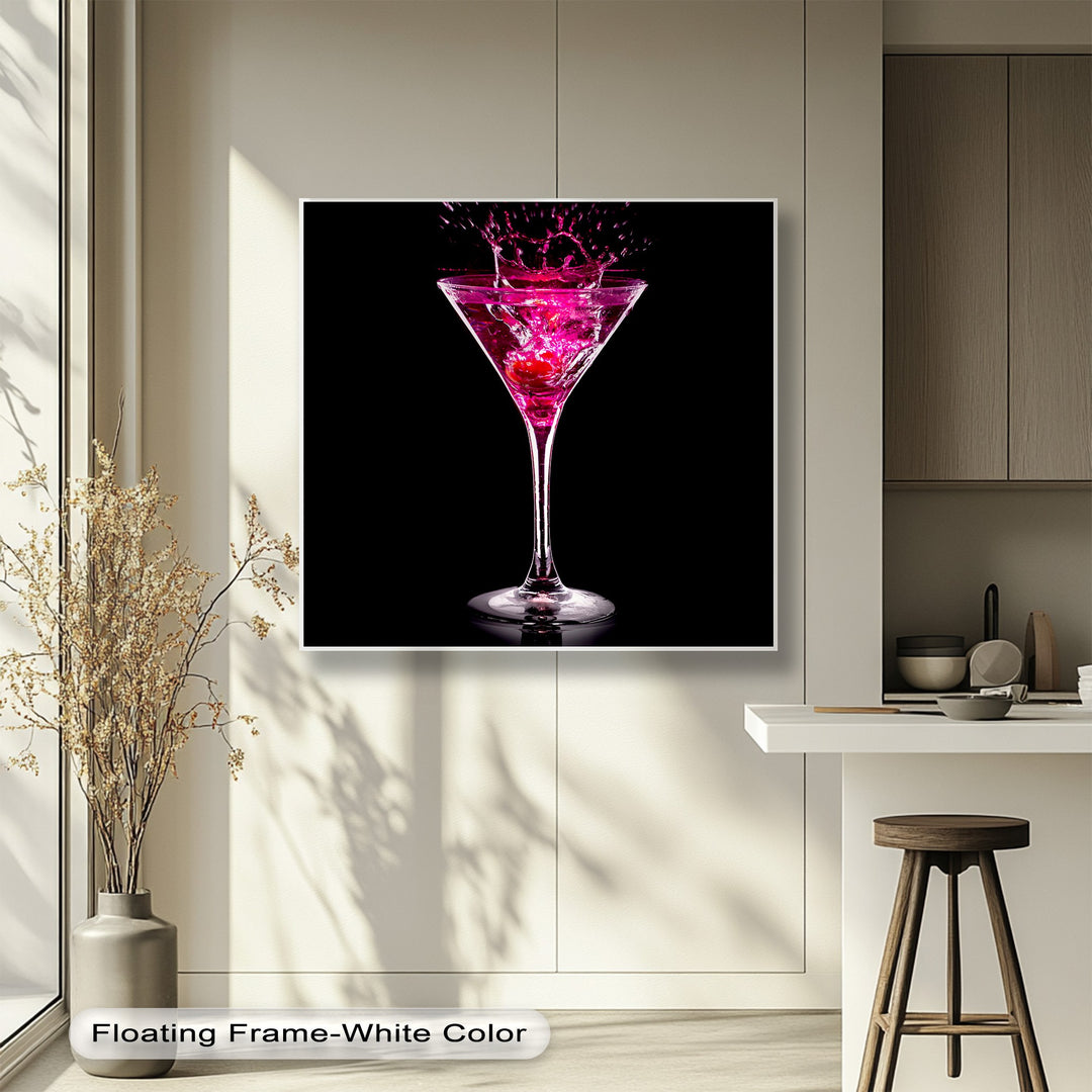 The layering effect is beautifully achieved by a floating white frame around the glamorous Pink Martini framed canvas wall art.