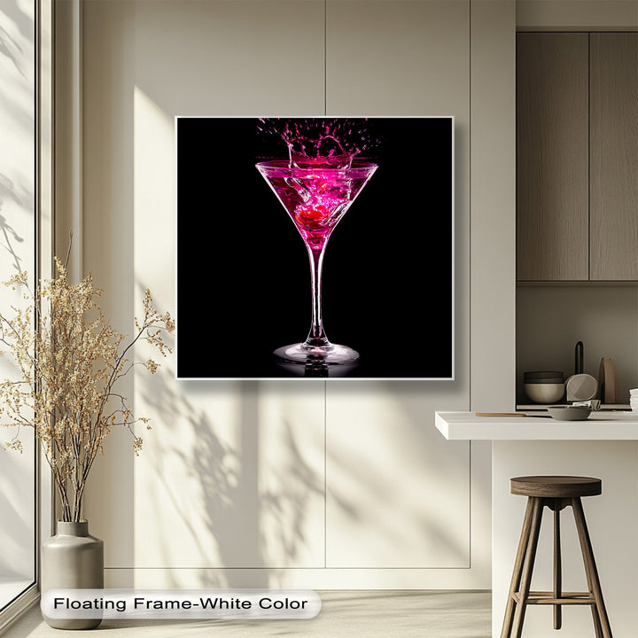 The layering effect is beautifully achieved by a floating white frame around the glamorous Pink Martini framed canvas wall art.