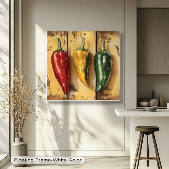 Vibrant color contrast highlights the red, yellow, and green of these peppers on the rustic Spicy Trio canvas pictures, adding a lively touch to kitchen wall decor.