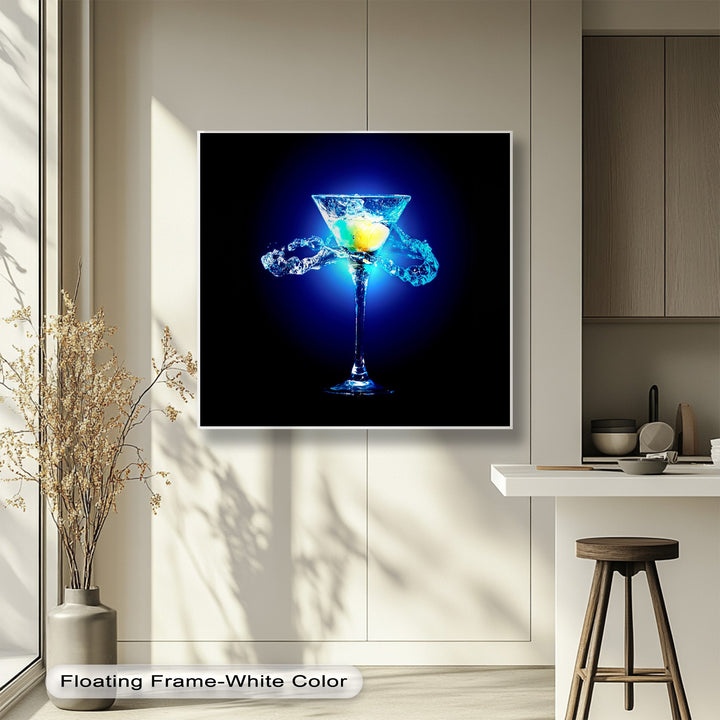 Abstract framed canvas vividly capturing a glowing blue cocktail in a martini glass with a dynamic water splash.