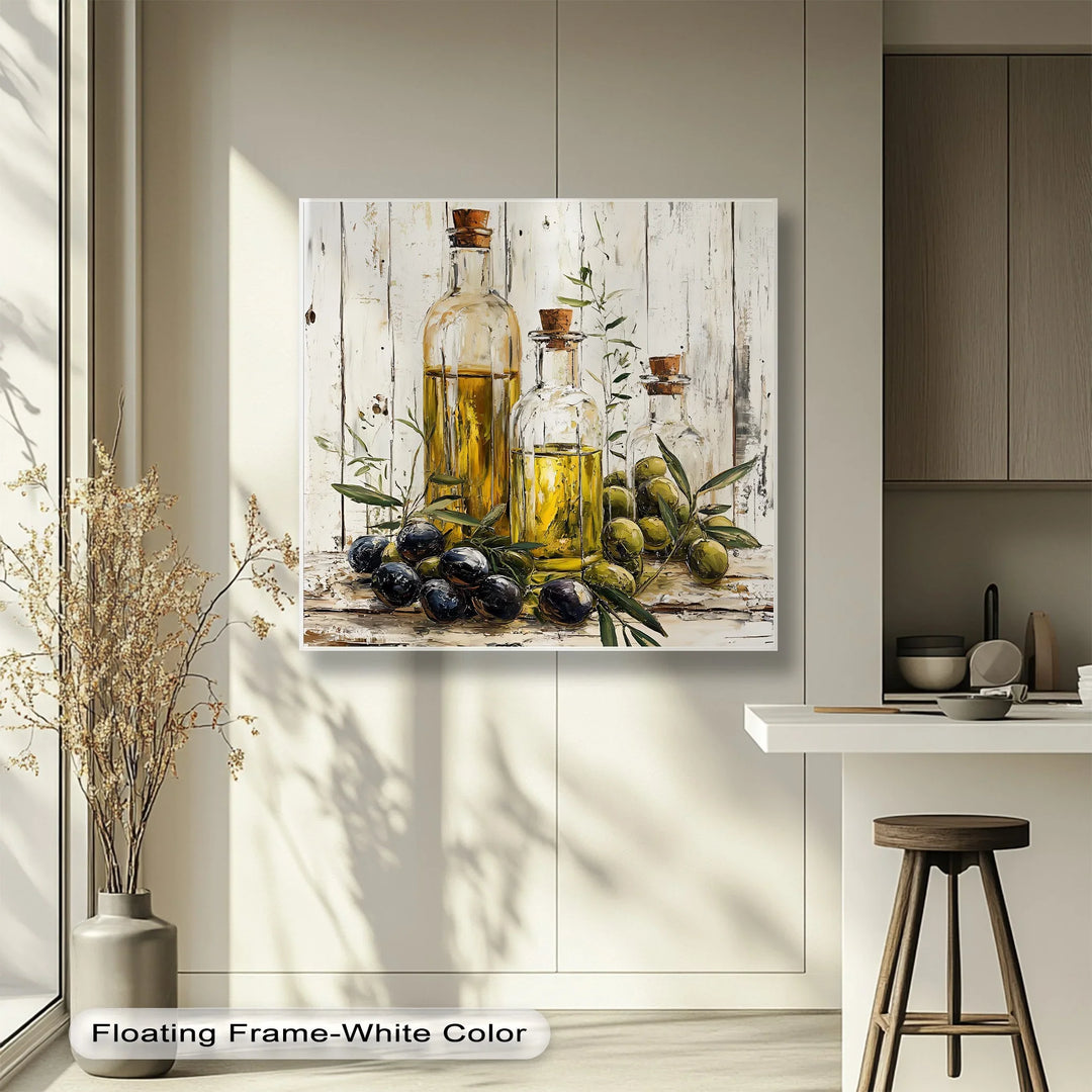 Golden Harvest – Olive Oil Bottles Rustic Kitchen Canvas Print - MyPhotoStation