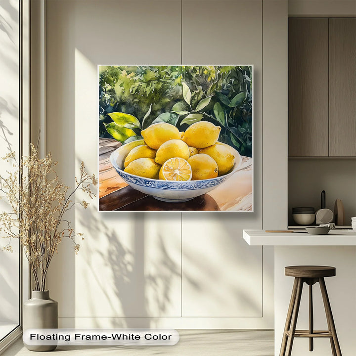 Sunlit Lemons in Porcelain Bowl – Mediterranean Kitchen Canvas Print - MyPhotoStation