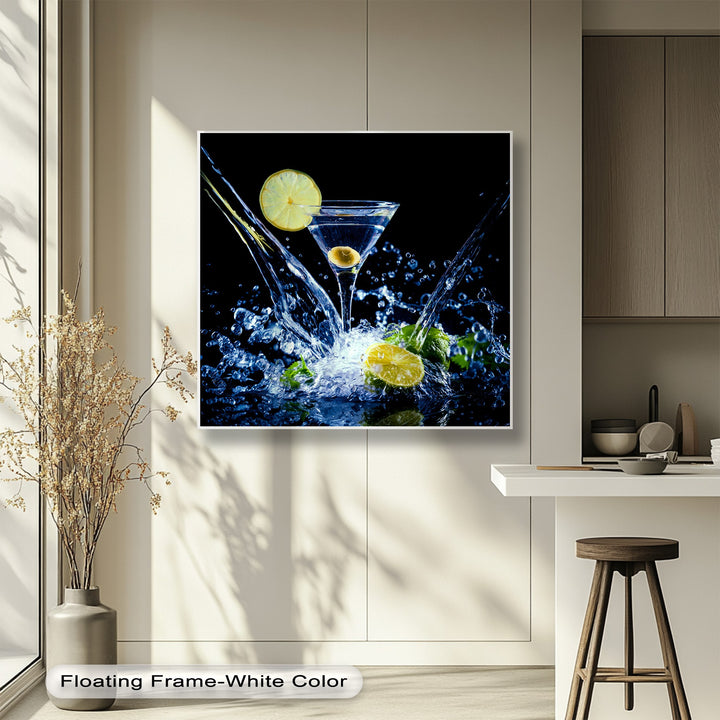 The dynamic water splash around a lemon martini glass is the loudest element in these vibrant canvas pictures, perfect as fresh cocktail bar art.