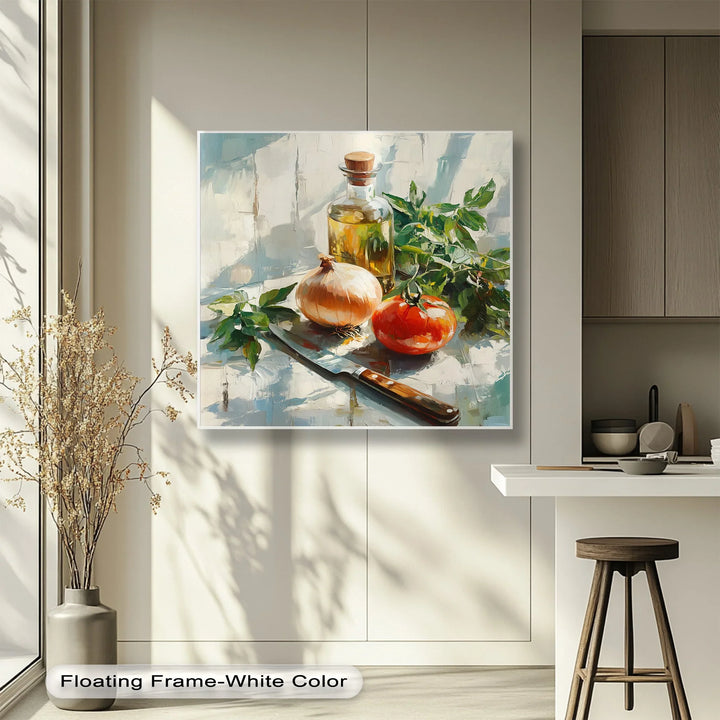 Rustic Kitchen Essentials – Tomato, Onion & Olive Oil Still Life Canvas Print - MyPhotoStation
