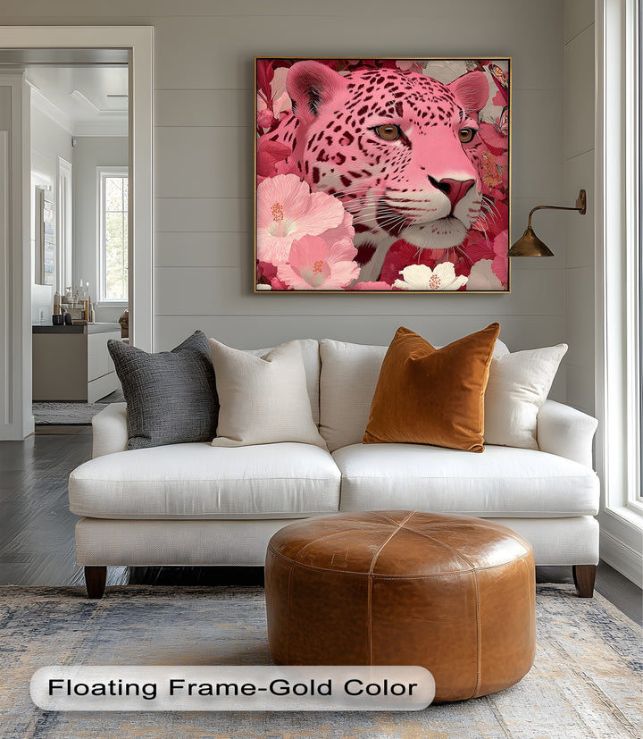 Blush Predator – Pink Leopard in Hibiscus Jungle Canvas Print