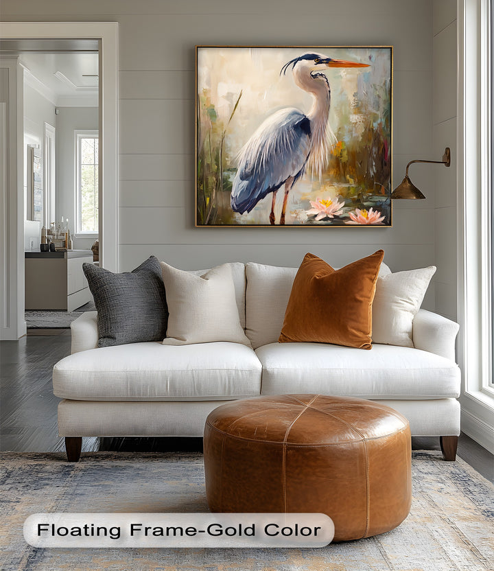 Graceful Heron Among Lilies – Serene Wildlife Canvas Print