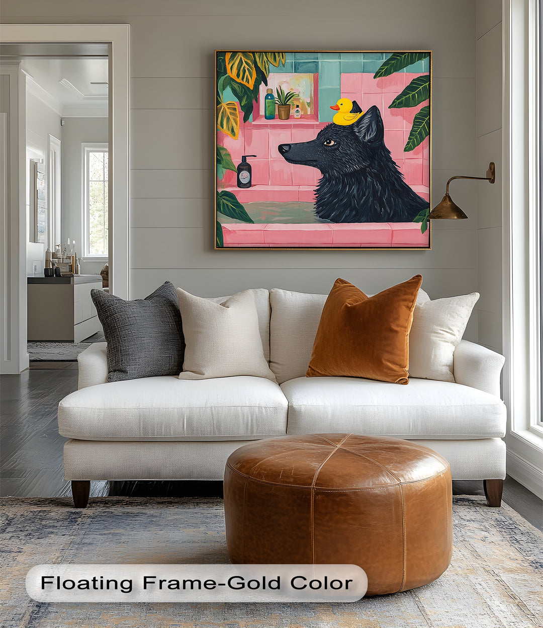Add a splash of personality to your decor with this wolf-themed bathroom canvas, a fun and lighthearted choice for modern American homes that love unique conversation pieces.

