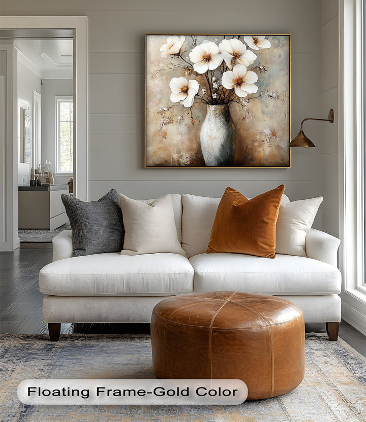 Vintage Bloom Still Life – White Flowers in Vase Canvas Print