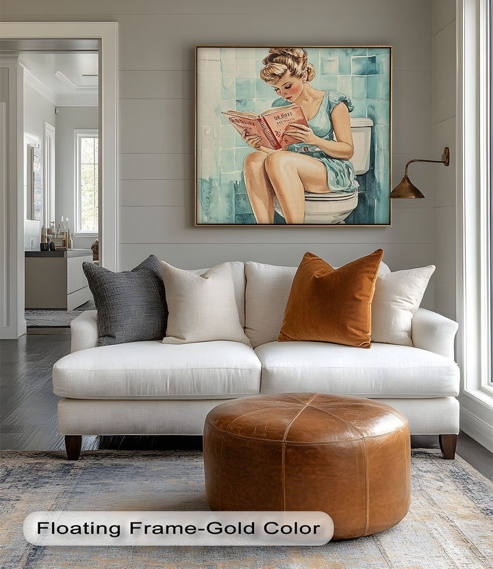 This retro canvas print showcases bold 1950s style with a humorous twist, offering a unique way to add personality to modern bathrooms or nostalgic spaces.

