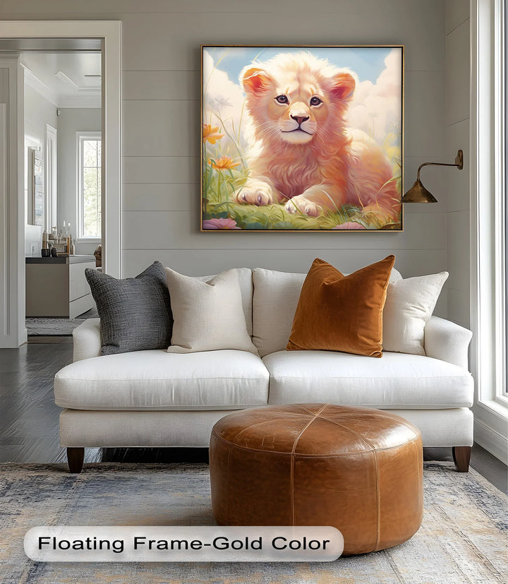 Innocent Majesty – Baby Lion Cub in Blooming Field Animal Canvas Print - MyPhotoStation