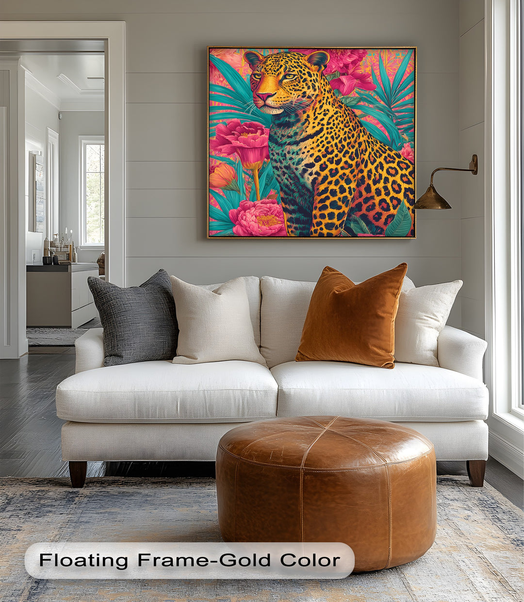 Regal Jungle Majesty – Vibrant Leopard in Floral Canvas Print