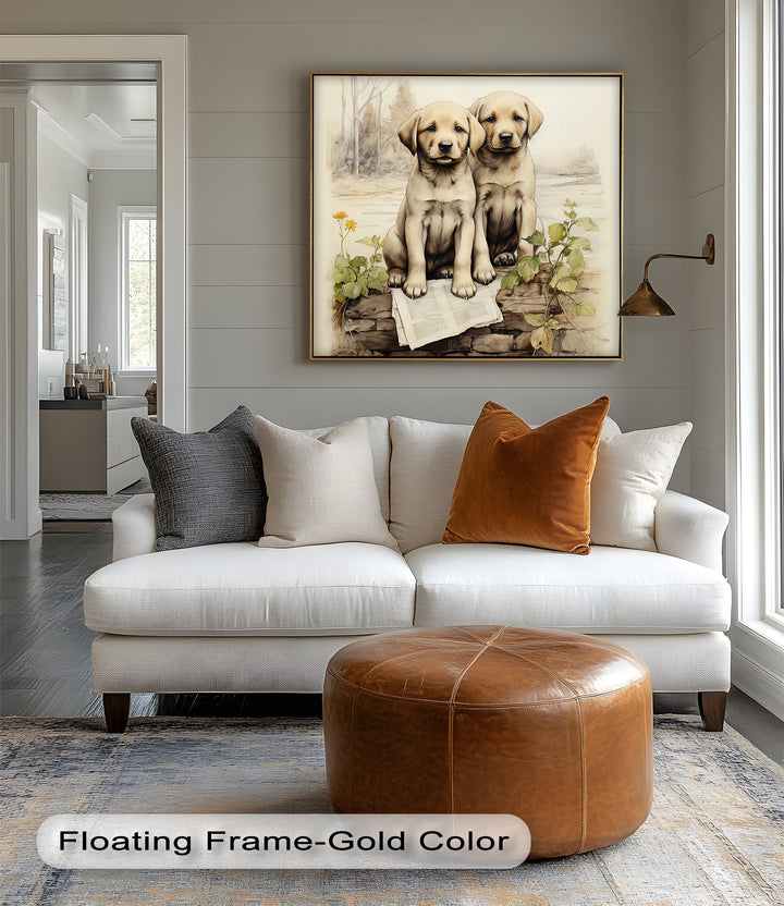 Stone Wall Puppies – Vintage Nature Scene Puppies Canvas Print