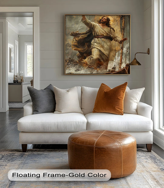 Peaceful ambiance emanates from the inspirational Jesus Calming the Storm canvas print, offering high quality canvas prints suitable for creating a serene mood.