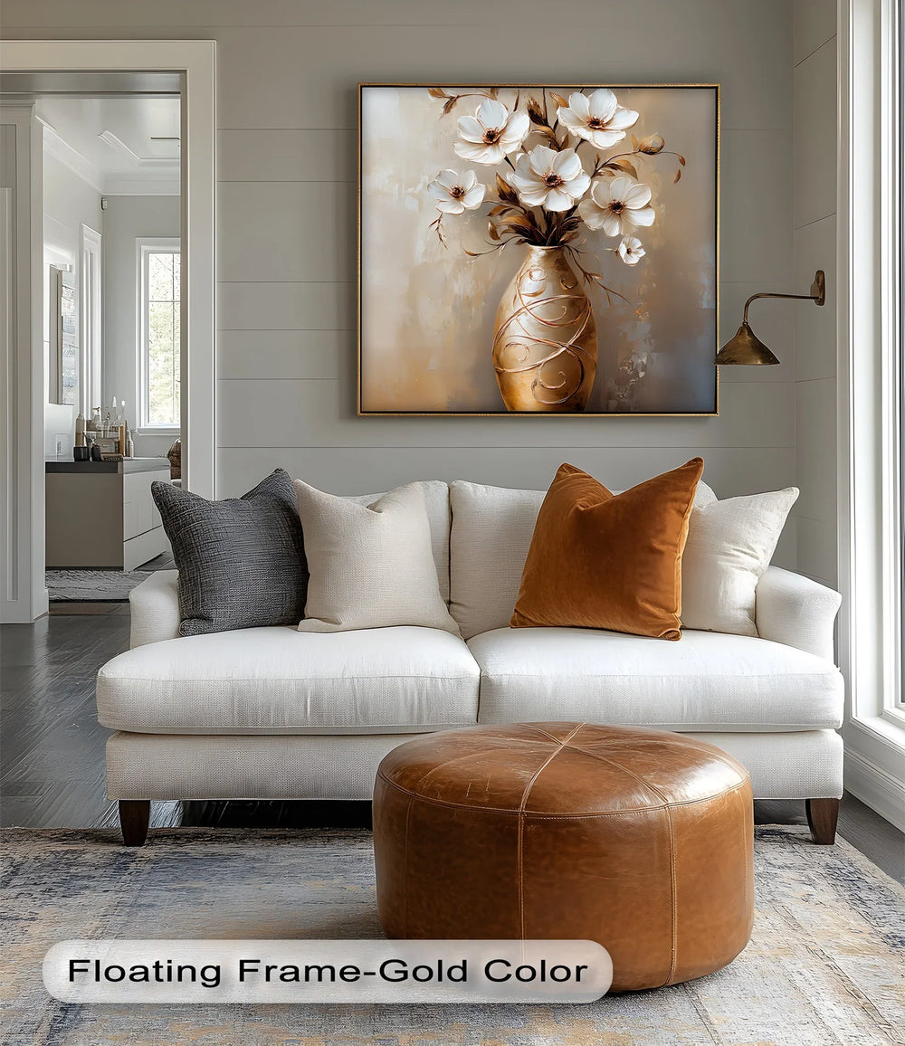 Timeless Bloom – canvas wall art of white flowers in a golden vase.

