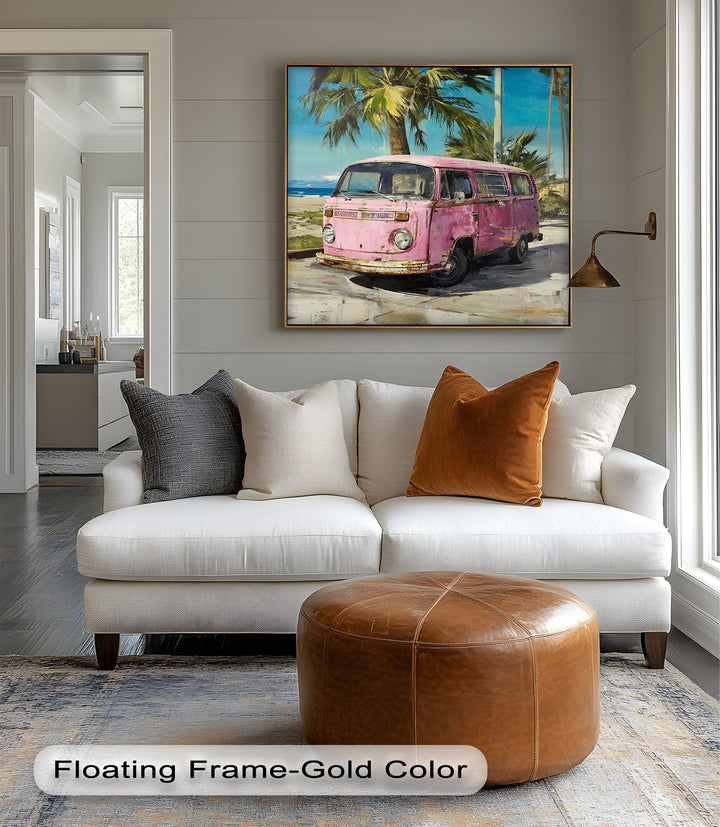 Pink Paradise Ride – Vintage Van by the Beach Canvas Print