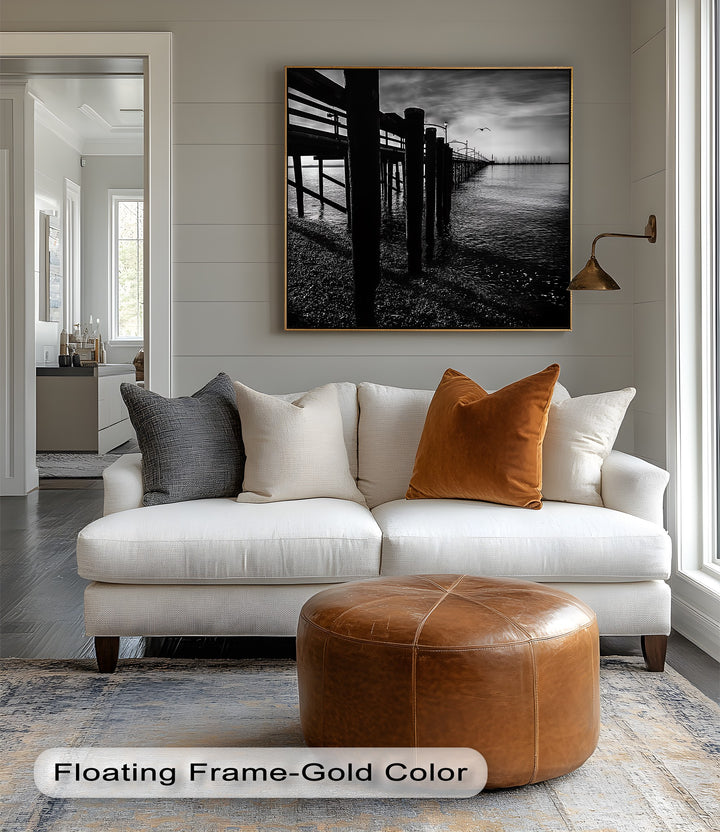 Add a touch of noir serenity with this minimalist canvas painting of a timeless pier view.

