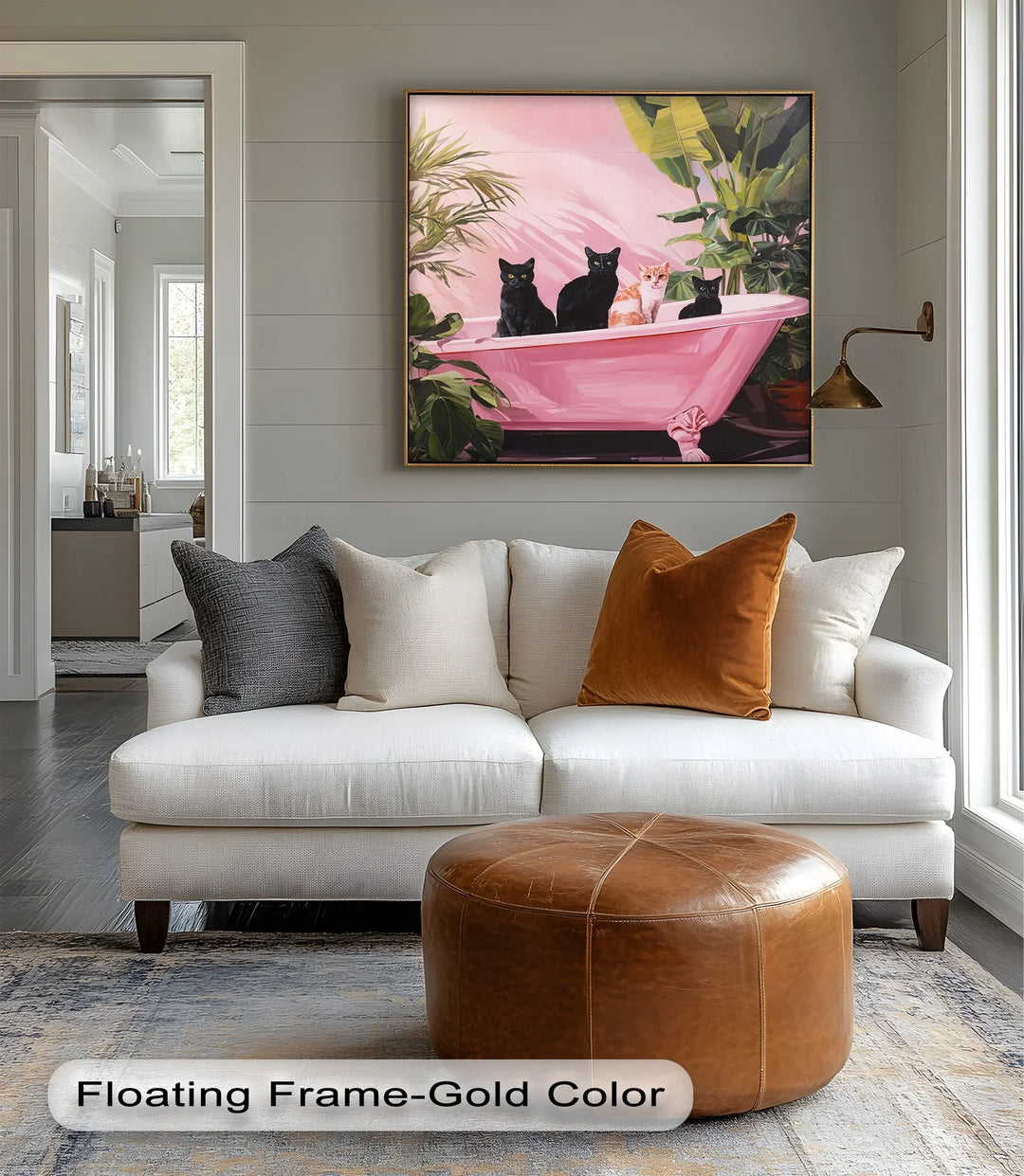 Four Cats in a Pink Bathtub – Playful Botanical Canvas Print - MyPhotoStation