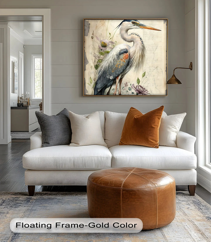 Graceful Heron Amid Wildflowers – Vintage Nature Canvas Print - MyPhotoStation