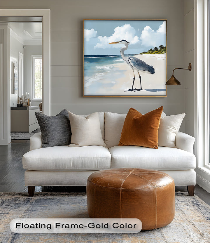 Coastal Heron Under Blue Skies – Tropical Beach Canvas Print