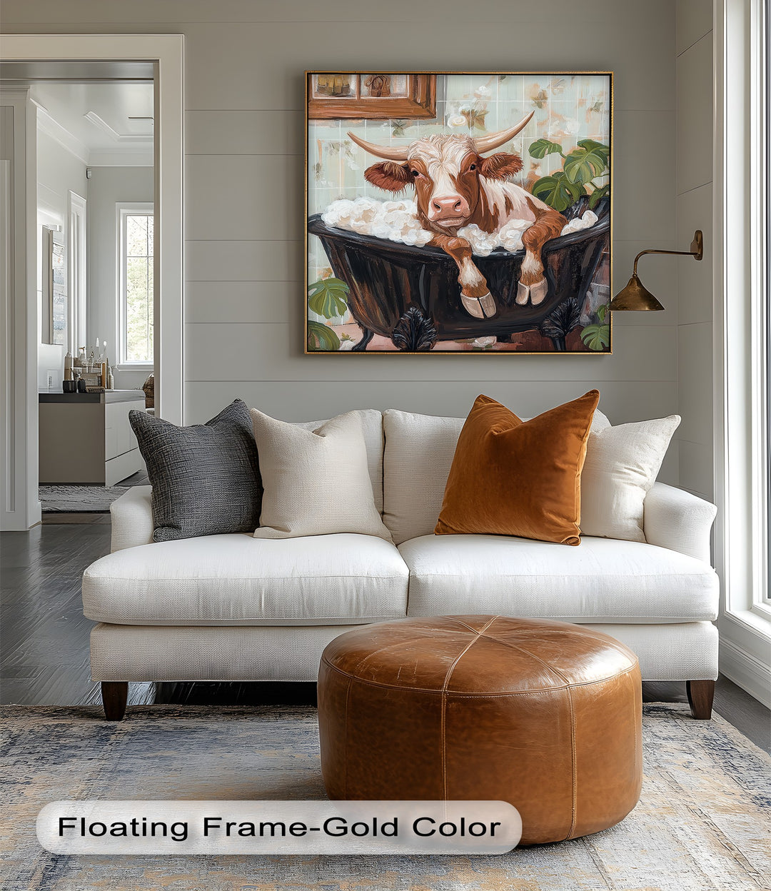 This cow-themed canvas wall art blends playful character with rural aesthetics, offering a bold yet cozy accent for bathroom walls or eclectic home decor.

